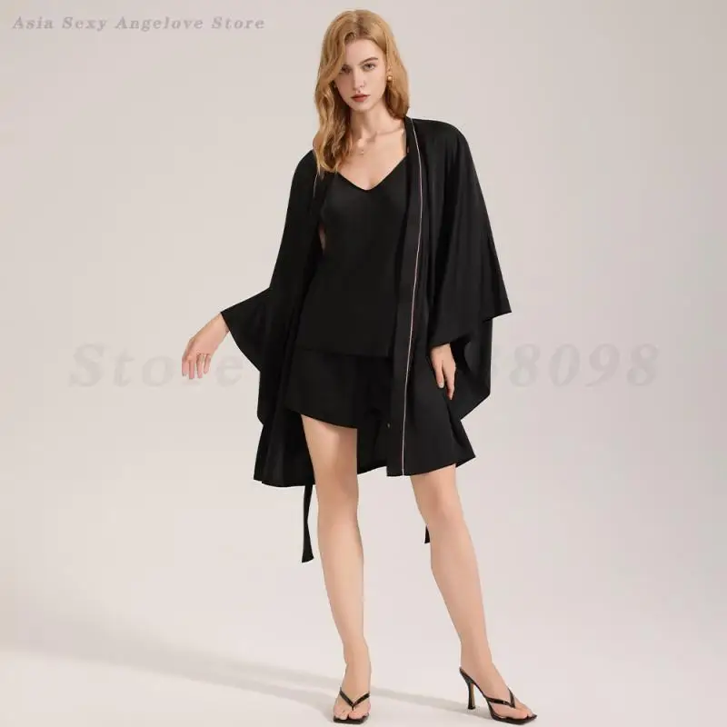 Three Pieces Pajamas Set Black Robe Sleepwear Women Satin Bathrobe with Suspender Sling&Shorts Summer Home Clothes Loungewear