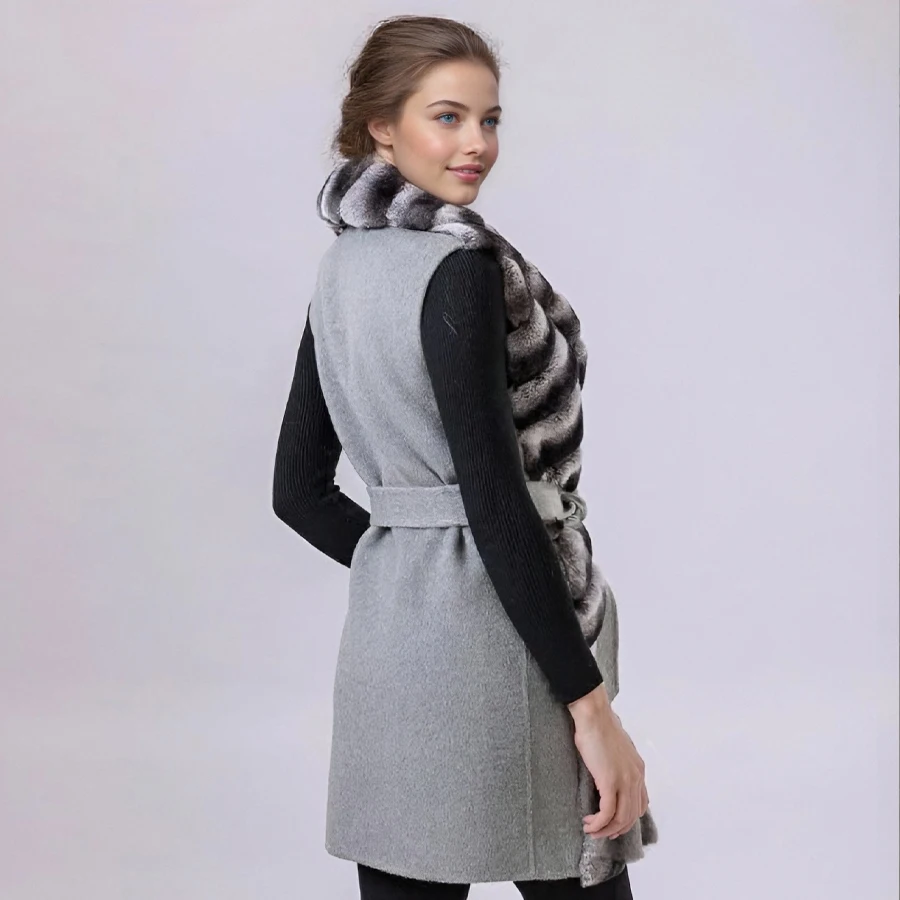 レディース レックスラビットファー ベスト ノースリーブ ロング カシミヤウールベスト 襟付き チンチラファーコート 新入荷 本物の毛皮コート