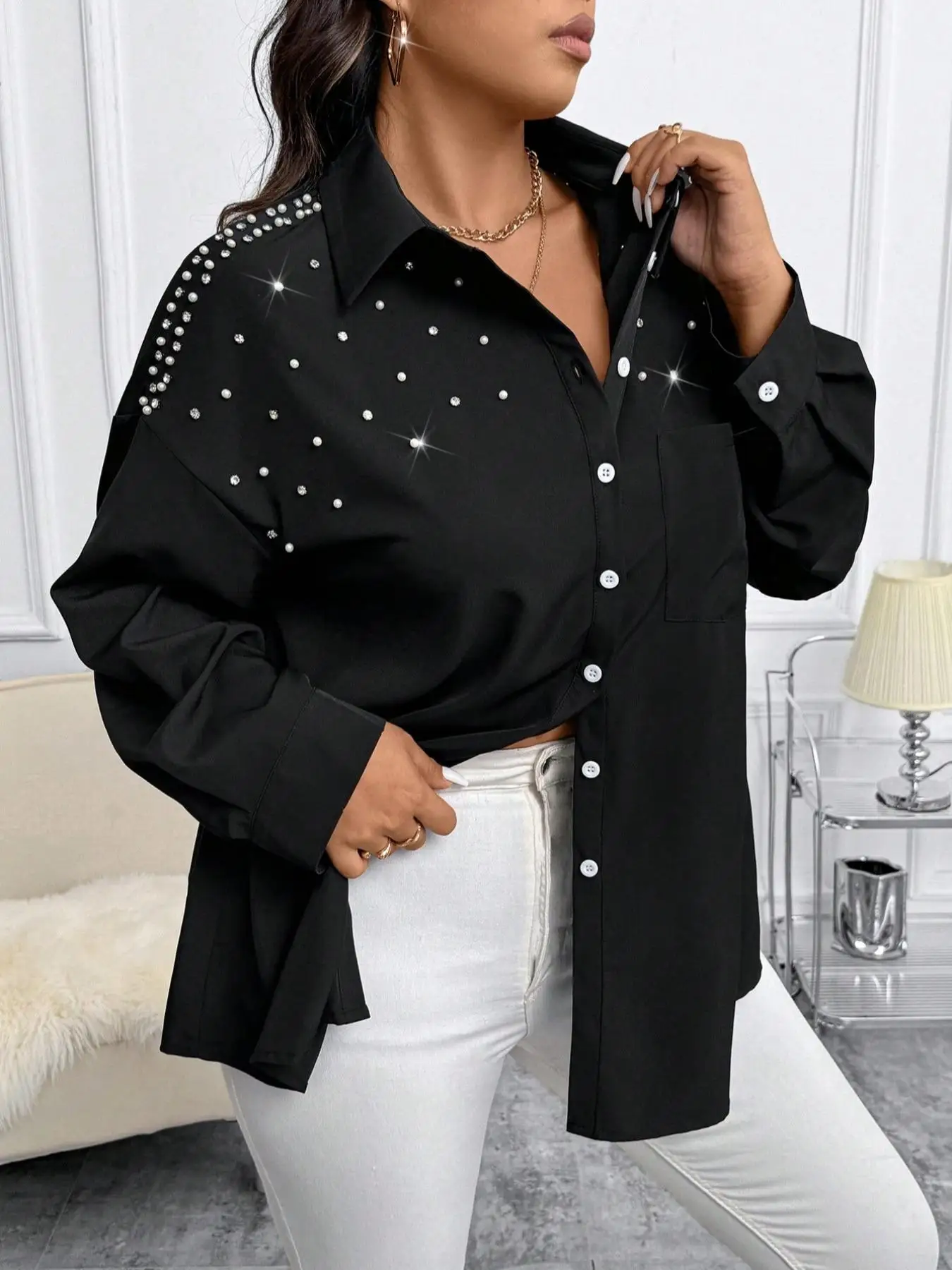 

【Plus Size】 Faux Pearl Decor Drop Shoulder Pocket Shirt, Casual Long Sleeve Button Front Top for Fall, Women's Clothes for Daily