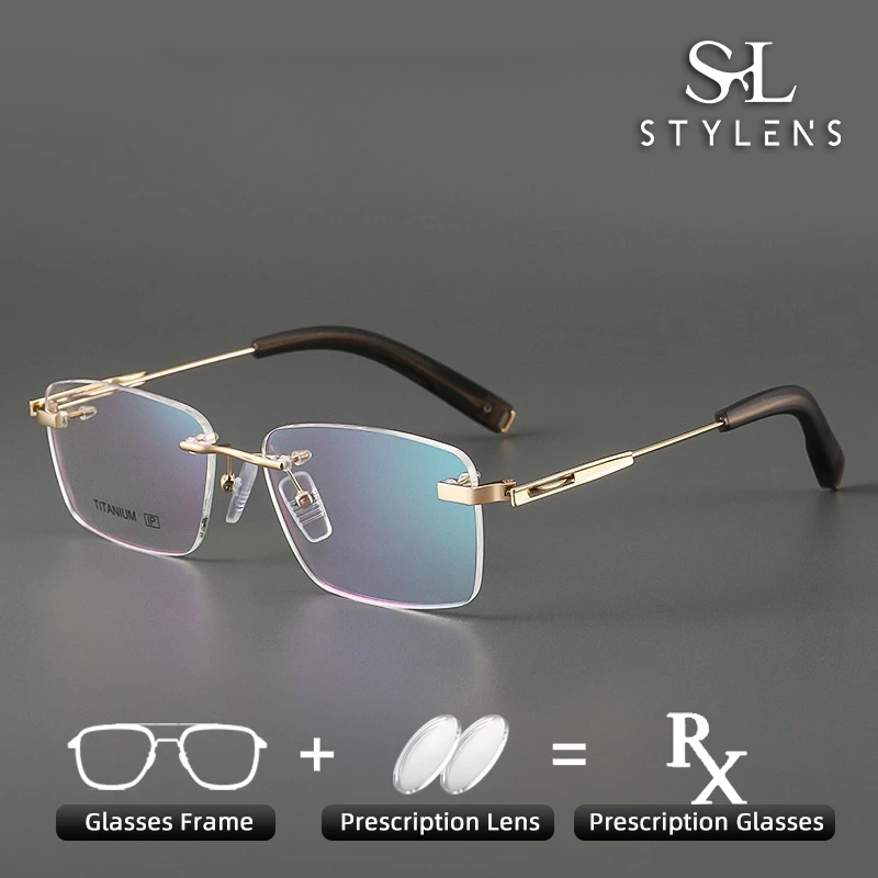 

STYLENS Business Ultralight Pure Titanium Rimless Eyewear Square Reading Glasses Anti Blue Ray Prescription Customization 80148