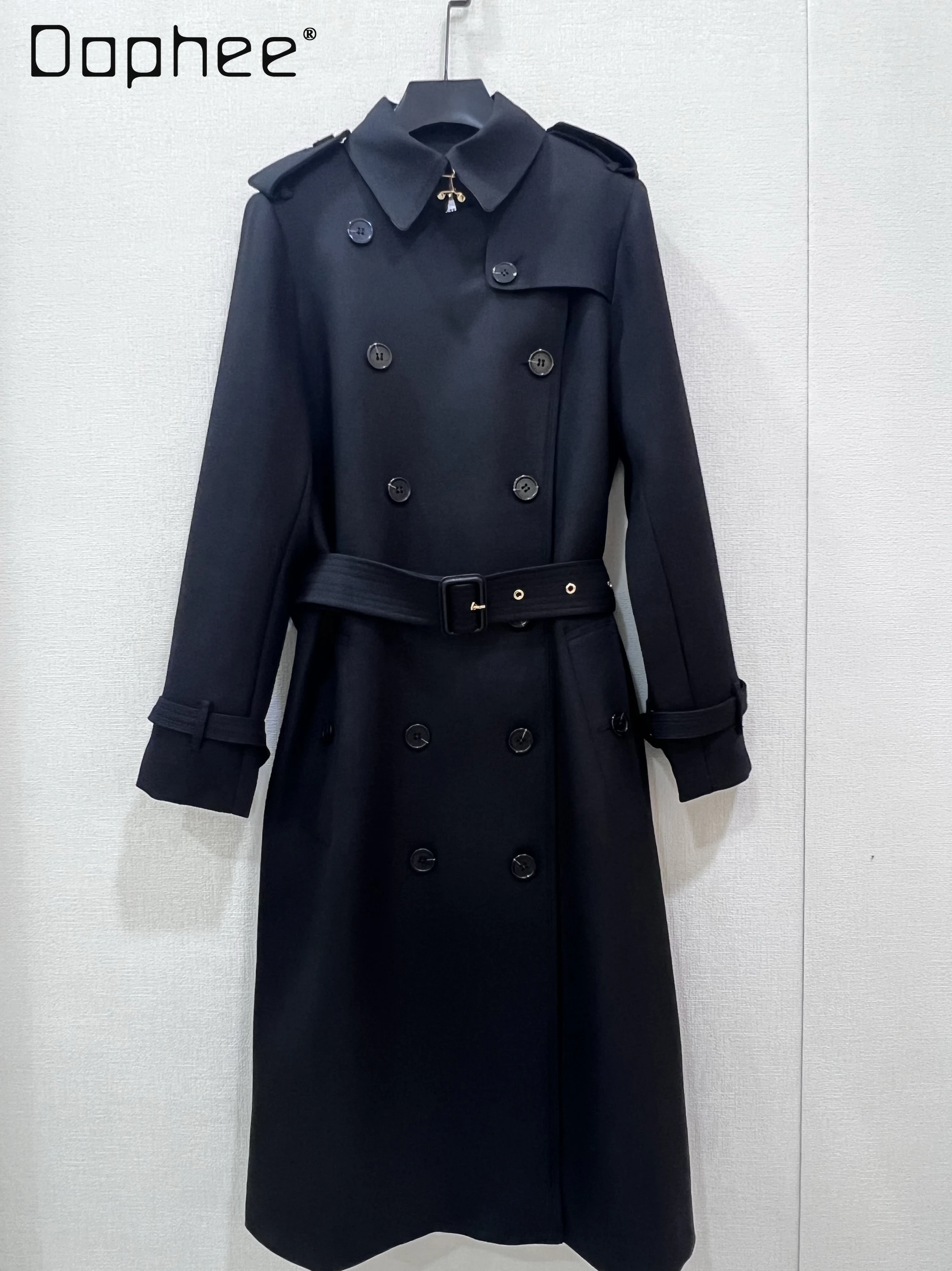 High End Temperament Classic Double-breasted Long Wool Coat Women French British Fashion Retro Slim Mid-length Trench Coats