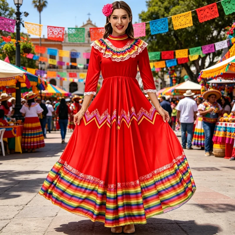 Traditionelles Mexikanisches Weit Schwungvolles Buntes Gestreiftes Maxikleid für Damen Karneval Festival Party Tanzkostüm mit Blumen-Kopfschmuck