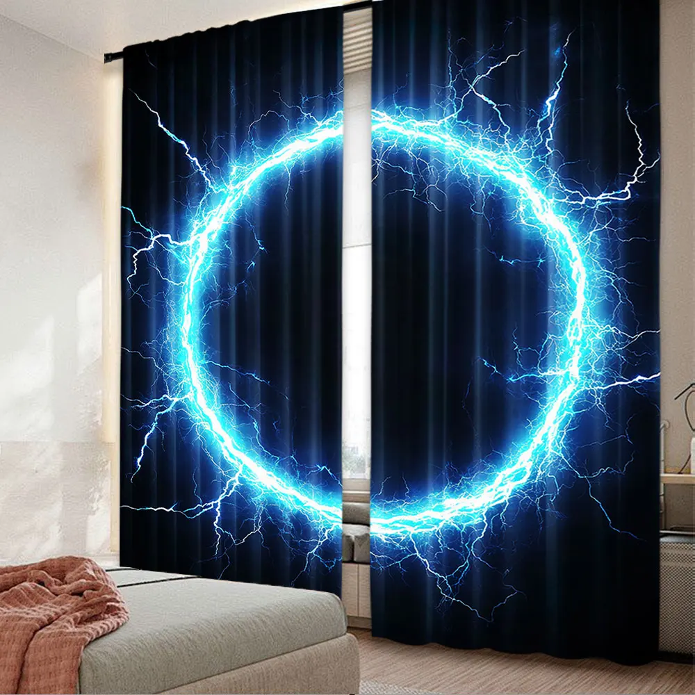 2Pcs Curtain Blue Electric Lightning Round Text Energy Effect Circle Light Spark Suitable For Living Room Bedroom Kitchen And