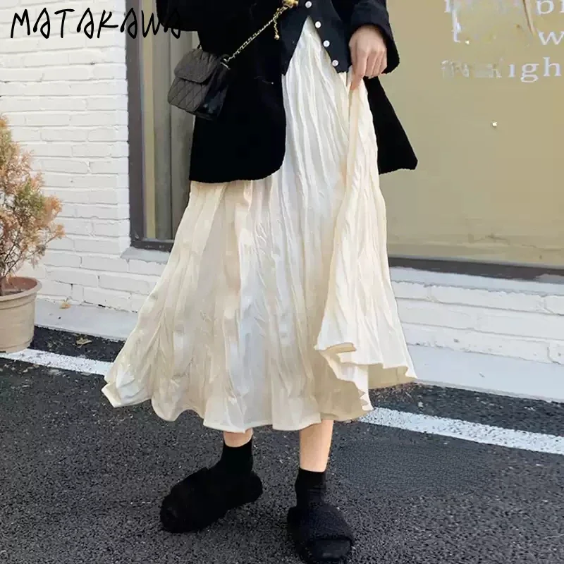 

Matakawa A-line Folds Women Skirts Solid Spring Autumn Elegant Sweet Faldas Mujer Korean Fashion High Waist Chic Long Skirt