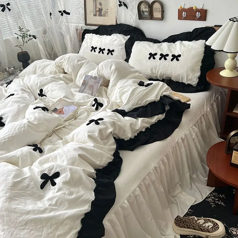 4Pc French-Style Retro Princess Style Bed Sheet Duvet Cover Pillowcase Sweet Cute Girlish Heart Bedding Set Girl Festival Gift