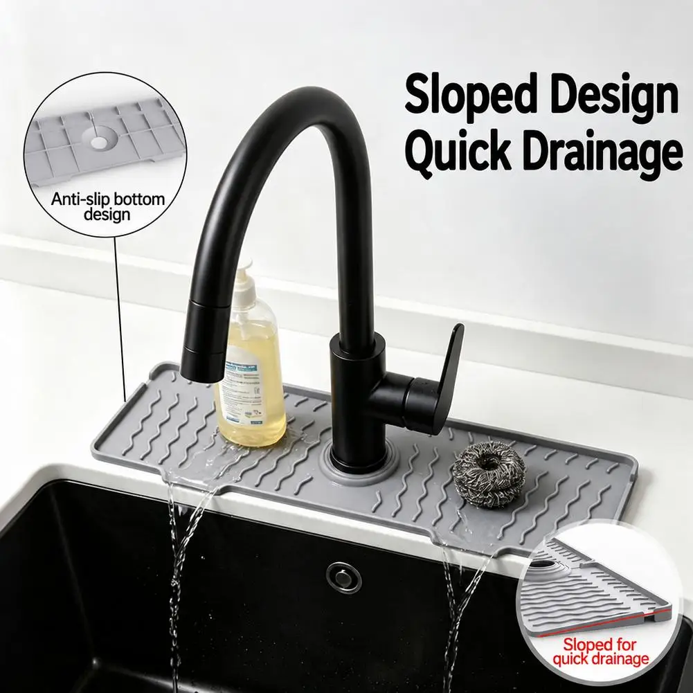 Silicone Faucet Splash Guard Sink Mat Quick Drain Slope Drying Pad Non Slip Countertop Water Catcher Bathroom Organizer Tray