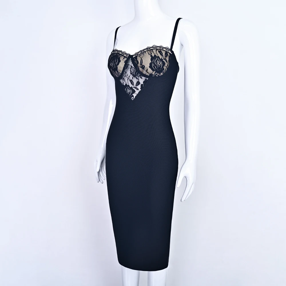 Hqbory luxo sexy renda oco bandagem vestido de noite espaguete ver através do clube de festa bodycon vestido fino de malha vestidos femininos