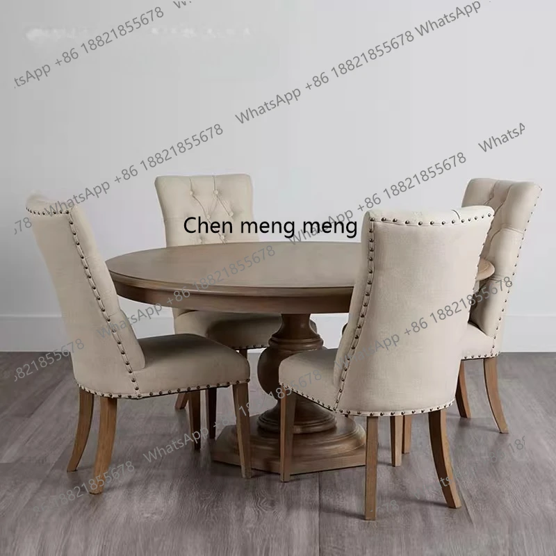 

French solid wood dining table household small apartment round table American retro round table with turntable