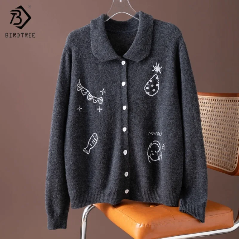

Birdtree, вязаный кардиган из 100% овечьей шерсти с лацканами, женское однобортное пальто с вышивкой, серый свитер осень-зима 2025 T5O627JF
