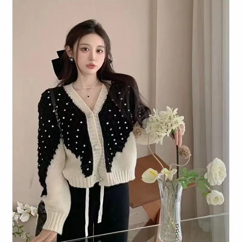 

French Lazy Style Contrasting Cardigan Women Spring Autumn New Niche Design Loose And Slim Long-Sleeved Top