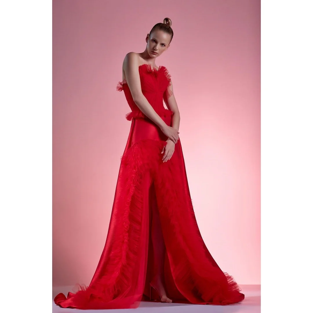 

Customized Graceful Satin A-Line Ruched Evening Dresses Scalloped Sleeveless Panel Train Red Bespoke Occasion Gowns Lu