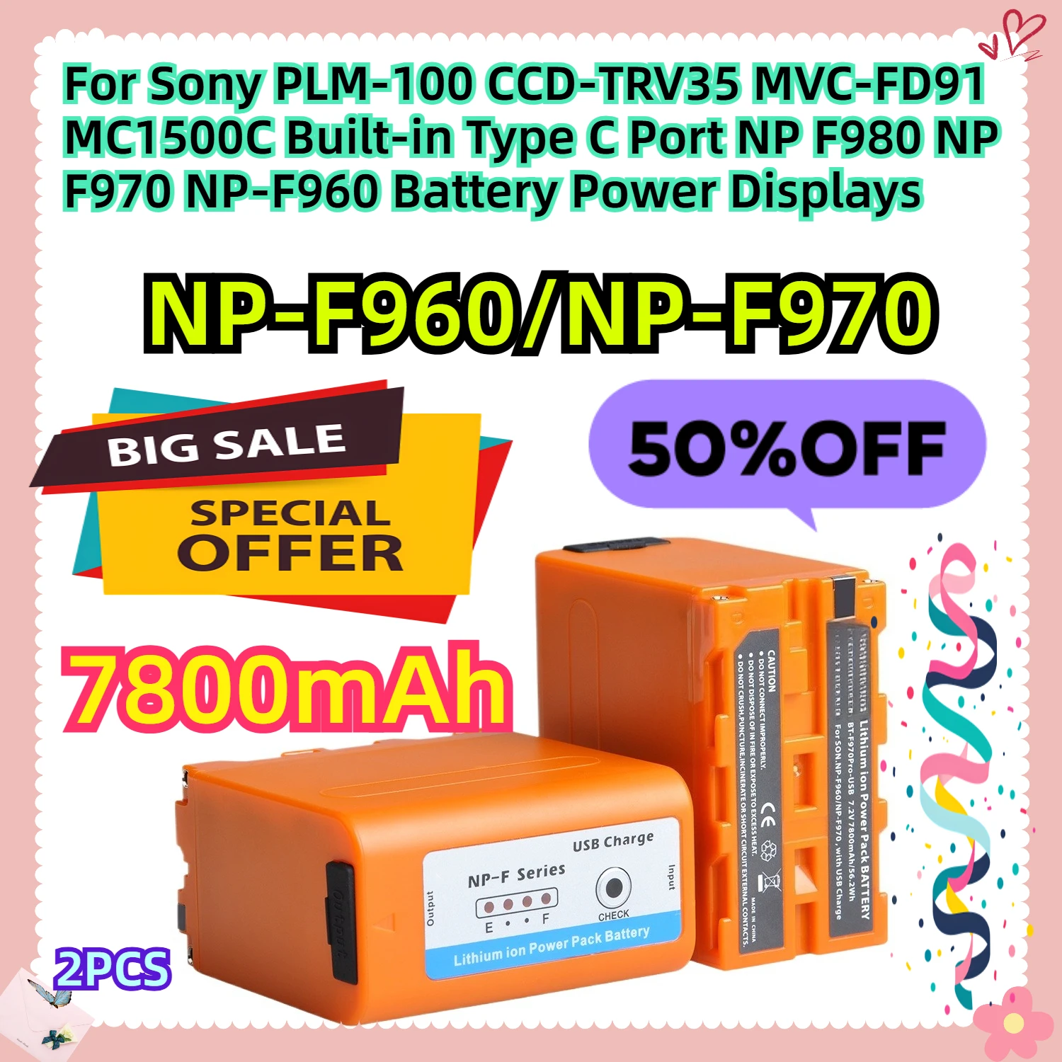 

7800mAh For Sony PLM-100 CCD-TRV35 MVC-FD91 MC1500C Built-in Type C Port NP F980 NP F970 NP-F960 Battery Power Displays