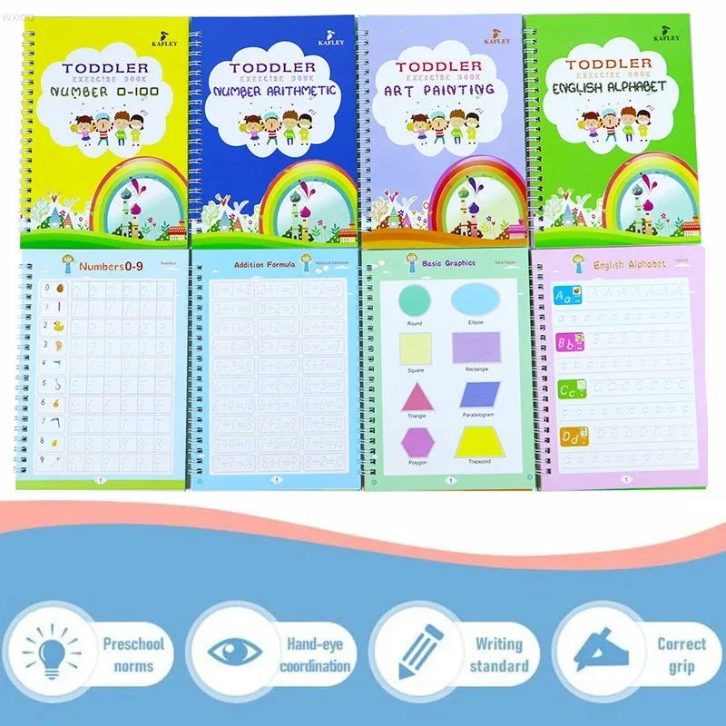 

4 Books/Set English Reusable Copybook For Calligraphy Learn Alphabet Children Handwriting Practice Books Baby Libros Toy For Kid