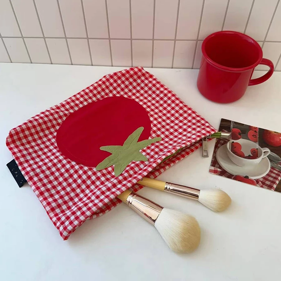ute red Checkered Tomato Cosmetic Bag Large Capacity Portable Handheld Wash Bag Simple Versatile Makeup Storage Bag image 5