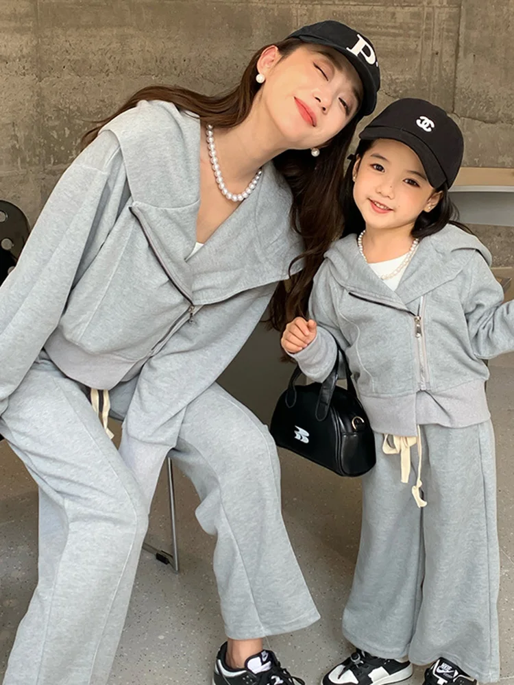 Parent-child Mother-child Mother-daughter Casual Korean Style Suit Hooded Design Set Leisure Suit