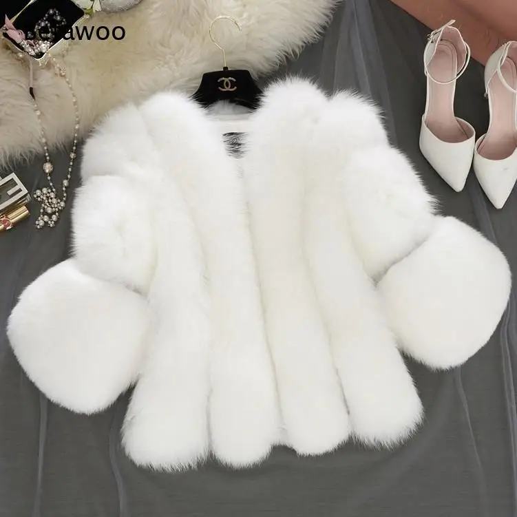 Women Vertical Striped Faux Fur Cropped Jacket Solid White Thick Fluffy Short Furry Coat Winter Warm Outerwear