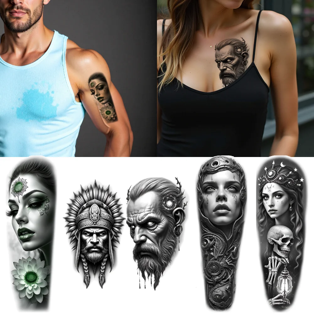 

3 шт., временные татуировки с цветочным дизайном, водонепроницаемые долговечные наклейки на тело, череп, искусство, племенный головной убор, черный и серый реализм для