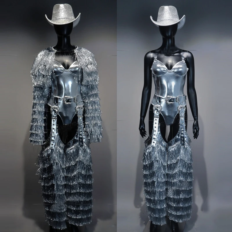 Bar Nightclub DJ DS Pole Dance Outfit Silver Laser Bodysuit Fringed Coat Legs Cover Women Gogo Costumes Stage Rave Wear XS10537