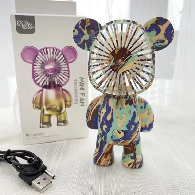 2023 New Noiseless Portable Small Fan A Summer Three-Gear Handle Small Fan Colorful Doodle Bear Small Fan Usb Charge