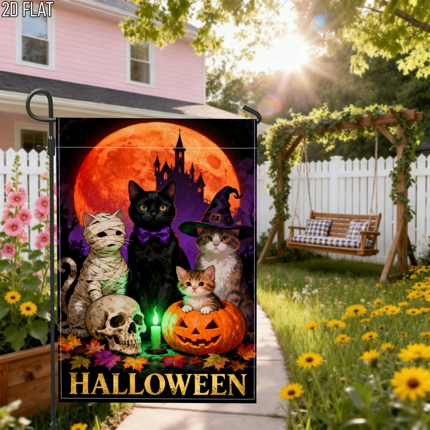 1pcs Halloween Cute Cats Garden Flag Spooky Witch Mummy Black Cat Pumpkin Seasonal Outdoor Yard Lawn Decor Flag