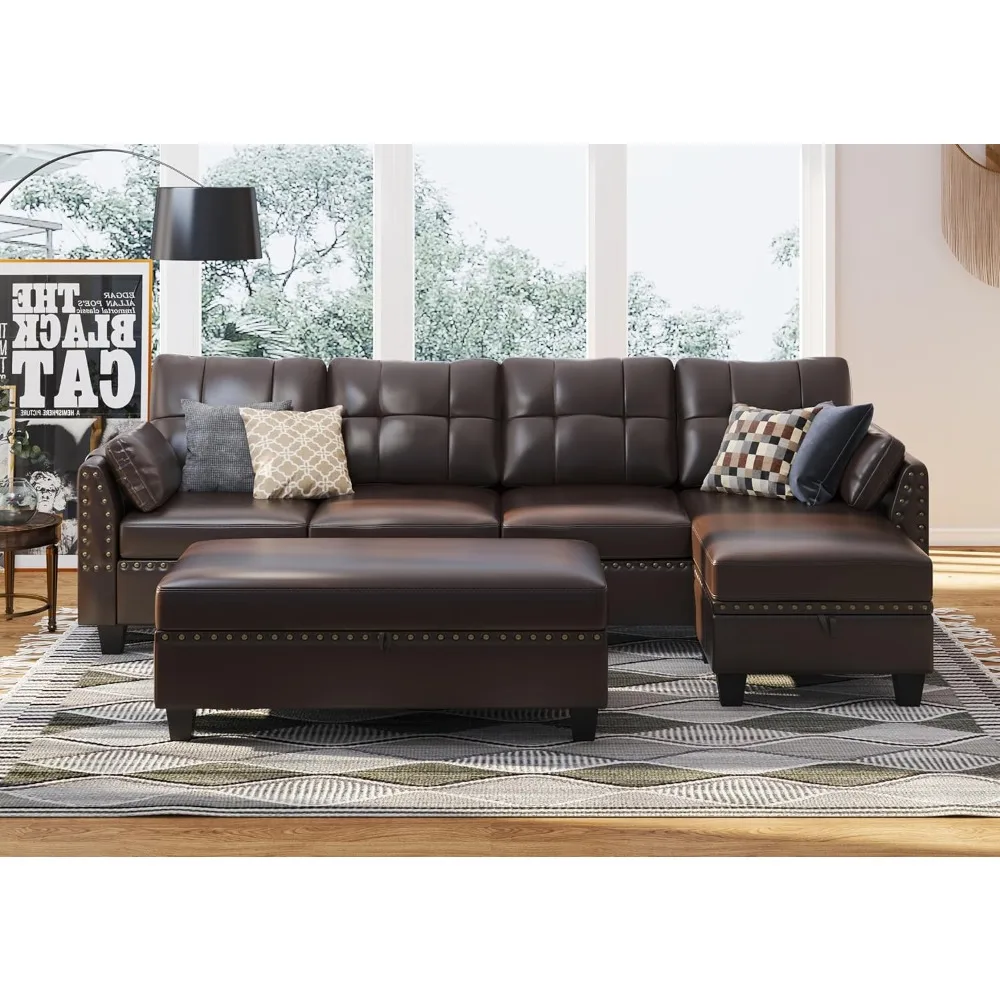 

Faux leather modular sofa set L-shaped sofa with storage Ottoman reversible modular sofa for living room, brown leather