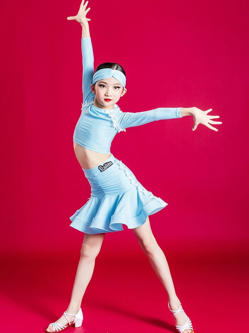 Roupas de dança latina para meninas, blusa e calça azul céu, roupa de treino para performance Cha Cha Samba