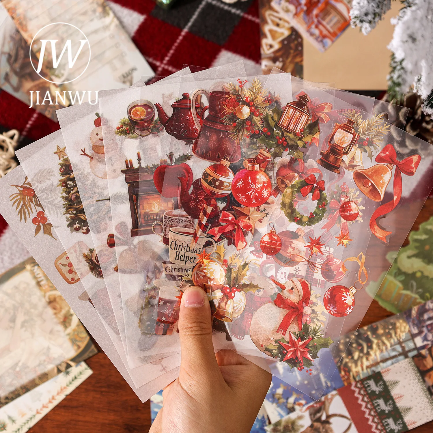 JIANWU Neon Seri Natal Vintage Festival Pohon Santa Claus Lanskap Bahan Kolase Kotak Hadiah Alat Tulis Jurnal Kreatif