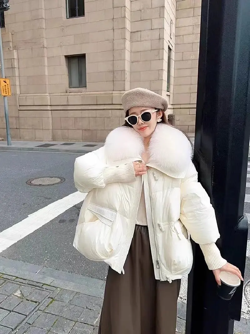 2025 Winter Women's New down Cotton Jacket Fashion Korean Loose Cotton Jacket Thickened Short Large Fur Lapel Thickened Jacket