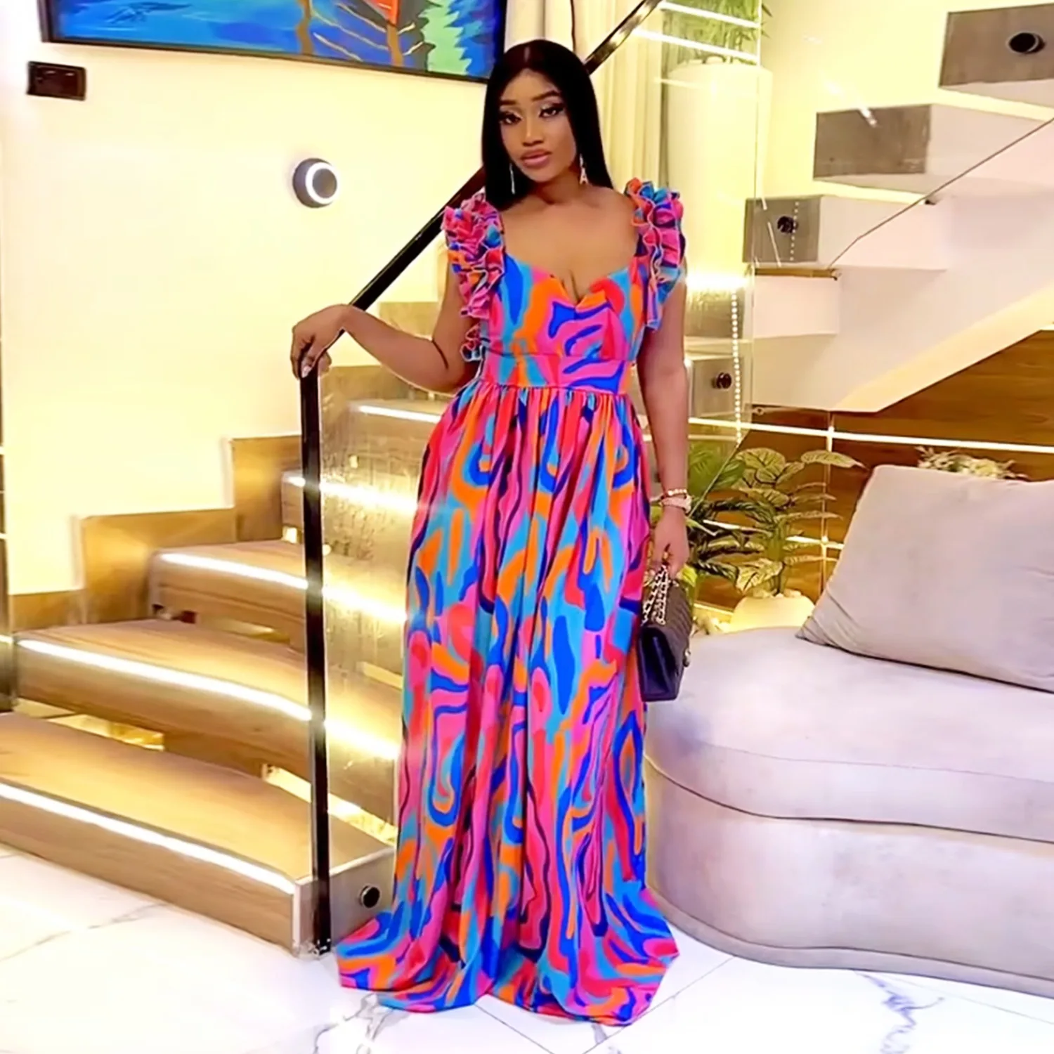 تخصيص المرأة الكبار مزاجه الأزياء الأوروبية والأمريكية أنيقة تكدرت حزام الكتف فستان سهرة مطبوع #2