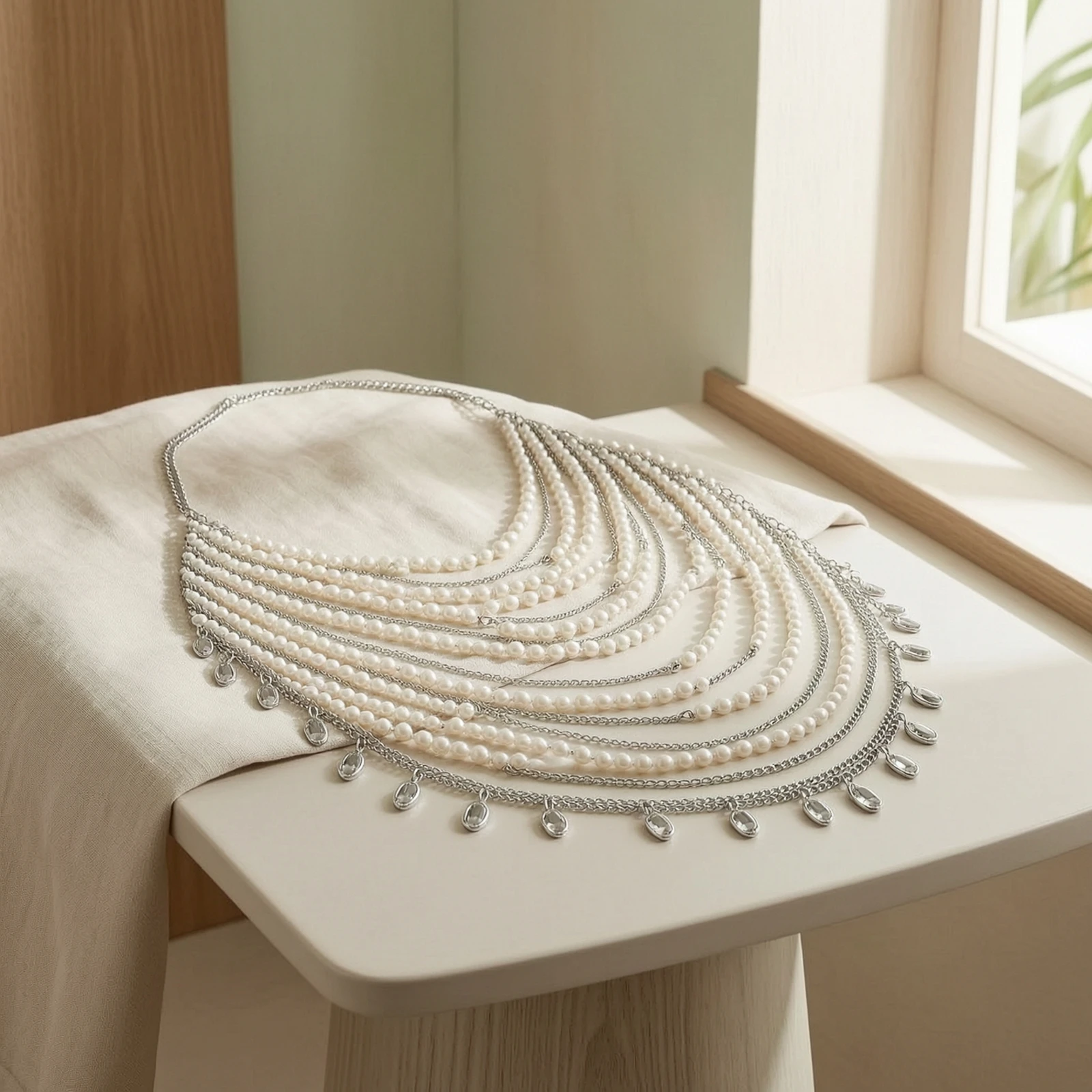Pearl Body Chain Statement Layered Chest Chain Harness Body Jewelry Beaded Alluring for Women, Photoshoots, Festivals
