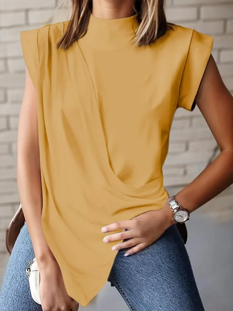 Uoozee-camisetas de Color liso para mujer, Tops informales de moda con mangas de casquillo, cuello simulado asimétrico, plisado con cremallera, 2024