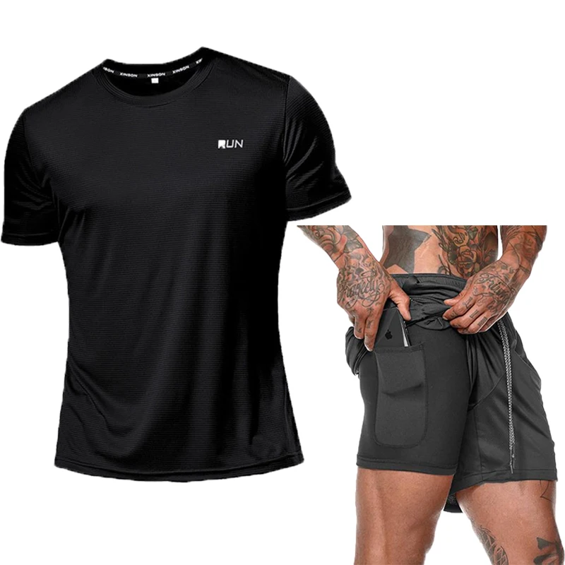 Camiseta de secagem rápida masculina e treino esportivo curto, conjuntos de ginástica, roupas de ginástica, roupas de treino, roupas esportivas verão