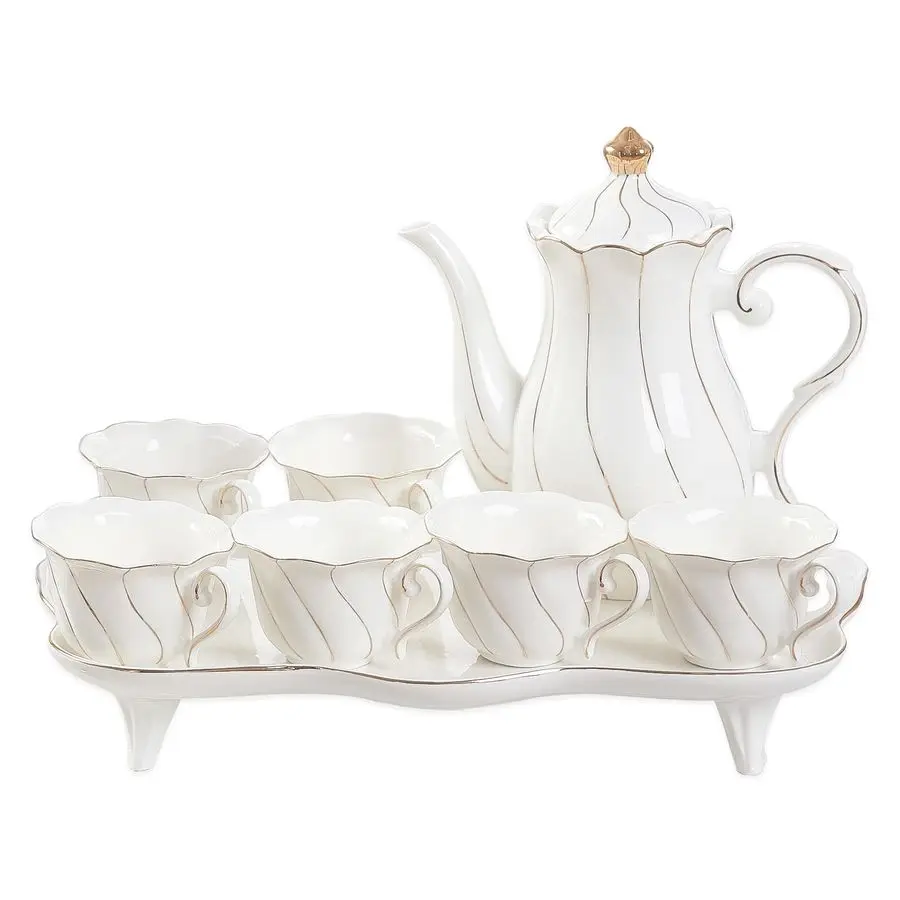 

14 pcs Tea Set for 6 with Tea Tray amp Spoons, Luxury British Style Coffee Cup Set with Golden Trim, Beautiful Porcelain Set for