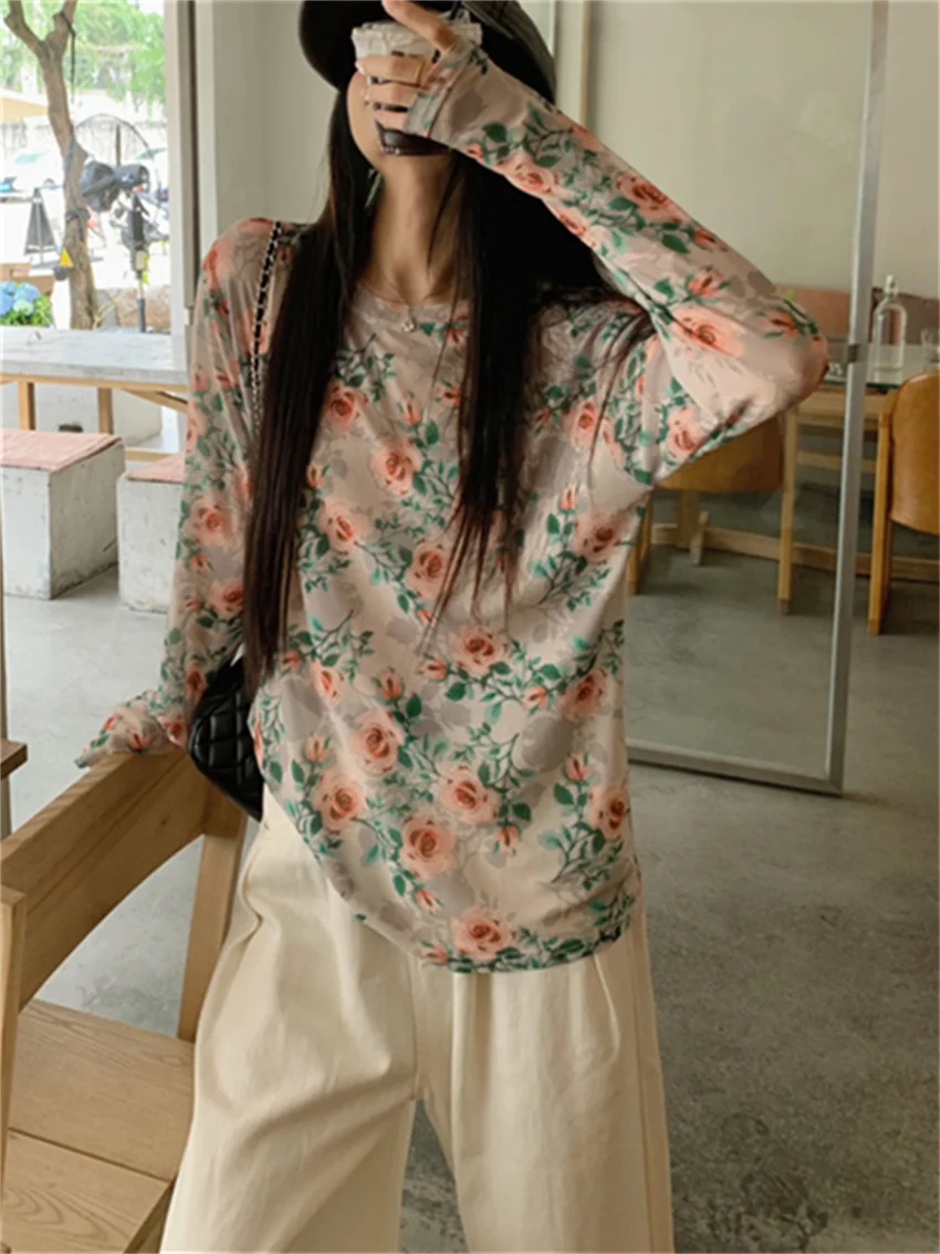 PLAMTEE Vintage Tie-Dying Fashion Blouses Women Sunscreen Florals Summer High Street Printed Full Sleeve Gentle Chic Loose