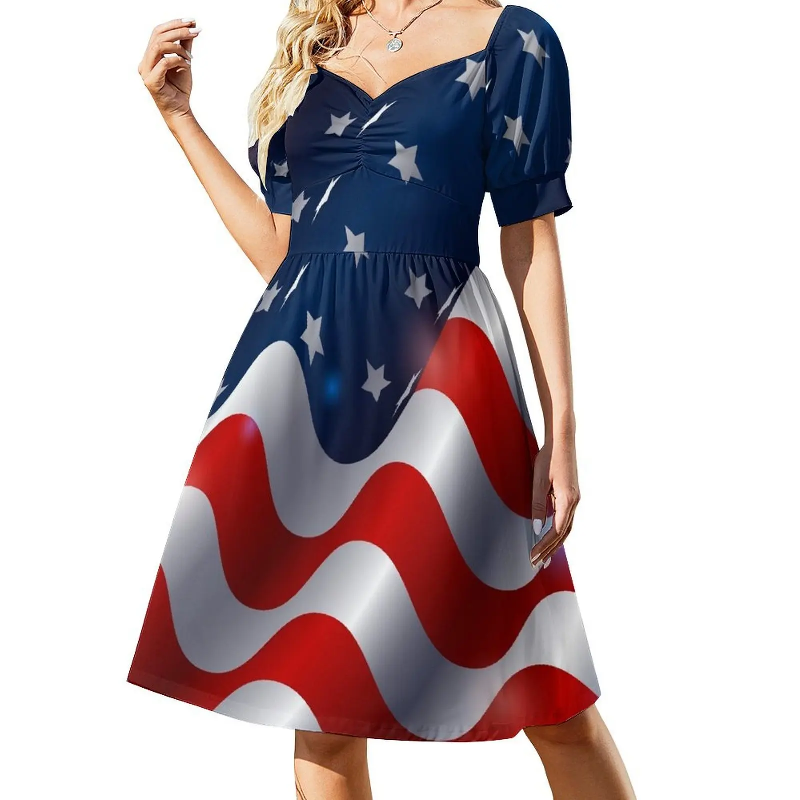 

USA Red White and Blue Stars and Stripes American Flag Patriotic Design Short Sleeved Dress Dance dresses Womens dresses Dress