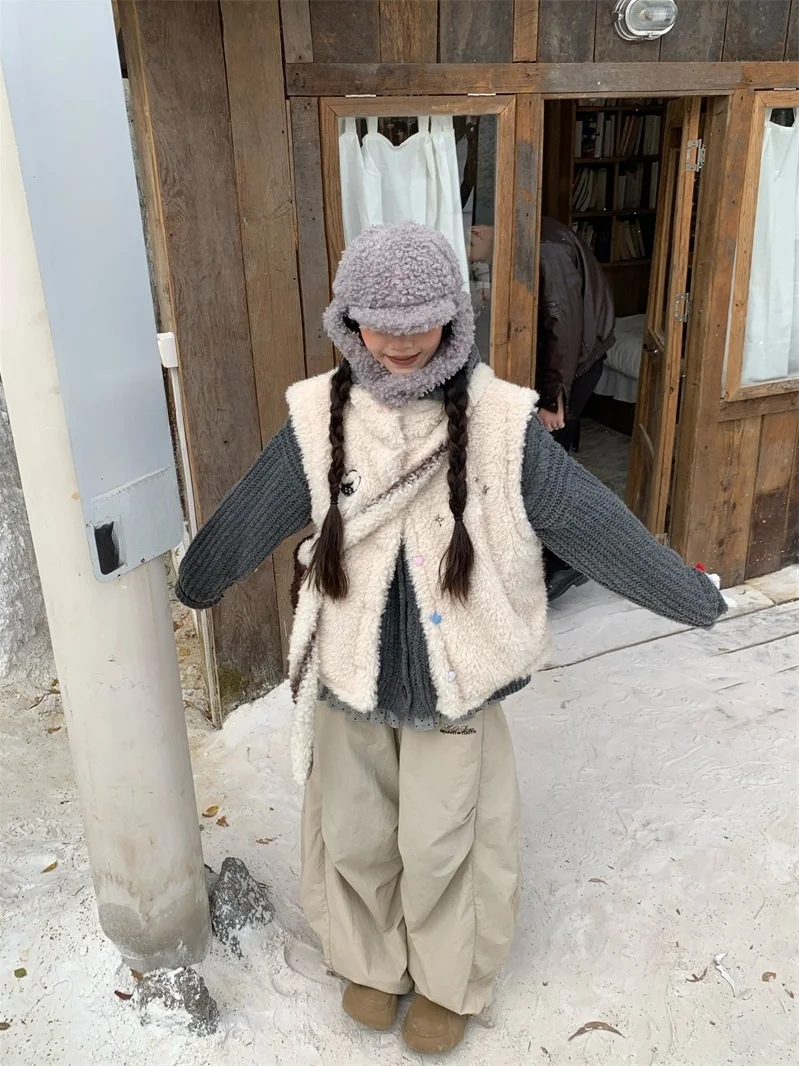 

Женский жилет из меха ягненка в американском стиле ретро, свободный воротник-стойка, осенне-зимняя многослойная универсальная хлопковая одежда