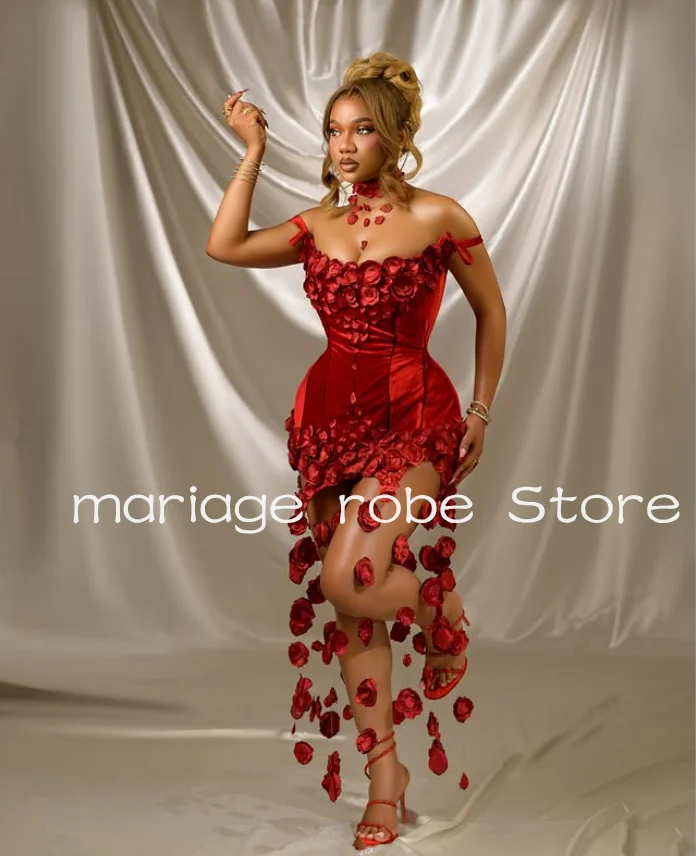 

Wine Red Velvet Mermaid Hot Evening Cocktail Dresses Luxury 3D Floral Sheer Mesh Off Shoulder Birthday Gala Gown Customsized