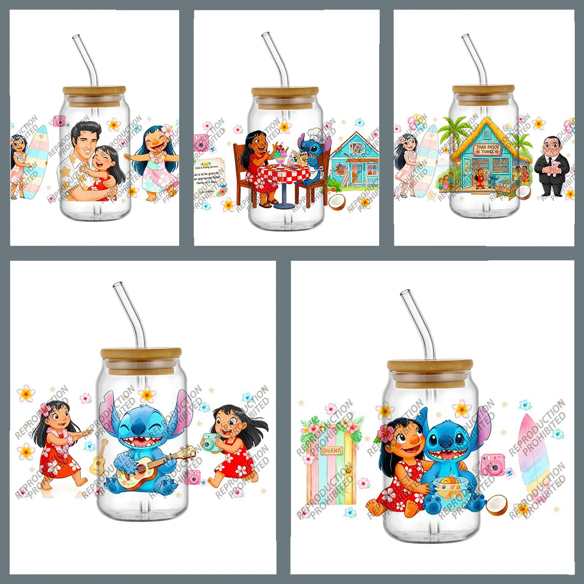 

Aloha Spirit Lilo Pattern UVDTF Cup Wrap Transfer for 16oz Libbey Glasses Tropical Summer Cartoon Vibe Cup Decals for Drinkware