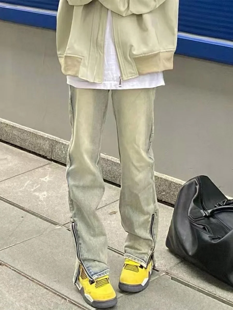 

Прямые джинсы с высокой талией, женские джинсы на молнии, модная уличная одежда желтого цвета грязи, весна-осень, маленький размер, американский высокий ...