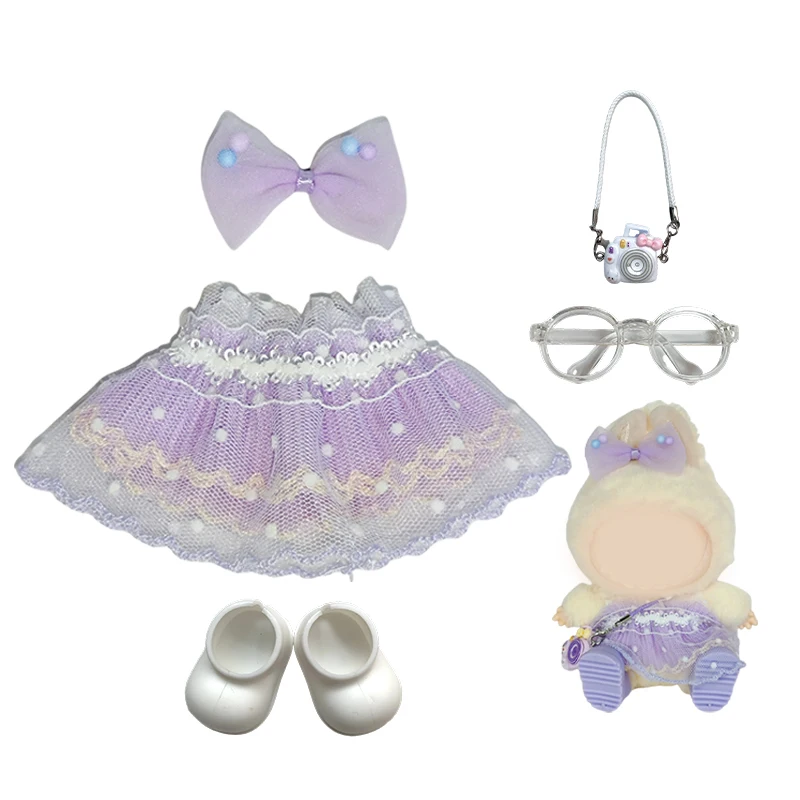 Accessoires de vêtements de mini poupée en peluche de 17 cm pour l'idole K-pop Labubu coréen – tenue jupe de princesse en tulle de soie avec nœud rose brillant