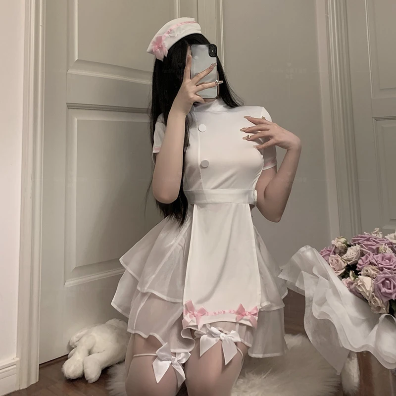 Sexy Sweet Pink Nurse Uniform Cosplay Anime Hollow Bow Cute Outfits Costumes Lolita Halloween Carnival Backless Suit