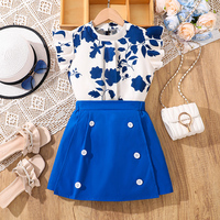 Children Clothing Sets Royal Blue Rose Printed Sleeveless T-shirt & Button-trim Skort Kids Outfit 2 PCS Summer Girls Sets OOTD