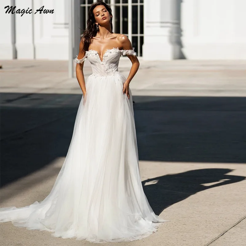 

Magic Awn Off The Shoulder Boho Wedding Dresses Soft Tulle 3D Flowers Appliques Beach Bridal Gowns For Women 2023 Robes Mariage