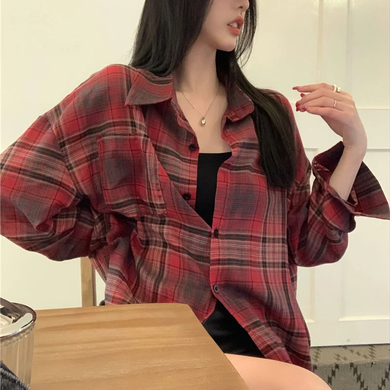 Red Plaid Shirts Women Single Breasted Turn Down Collar Long Sleeve Tops Sun-proof Autumn Streetwear Fashion Casual Korean Style