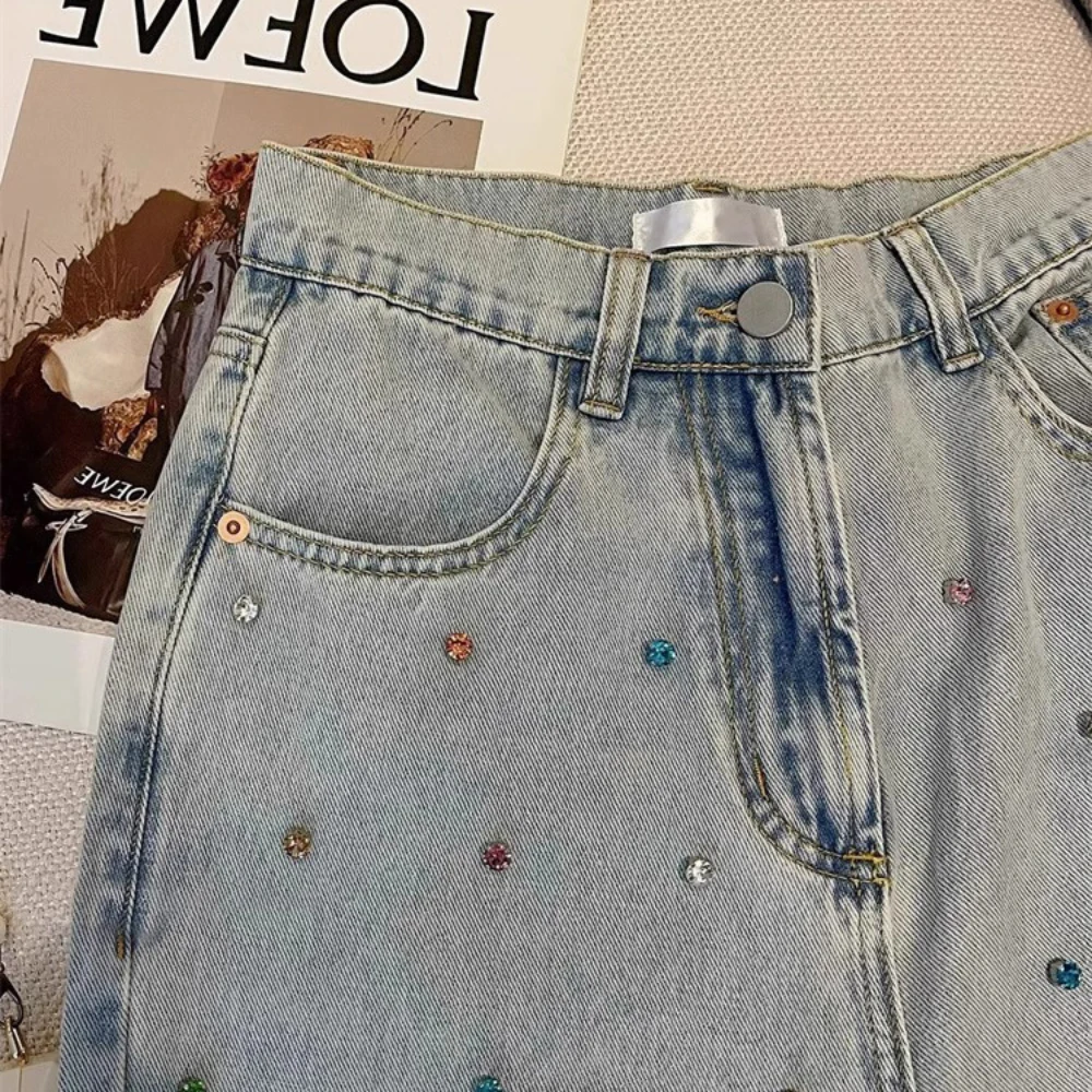 Women Diamonds Denim Pant Korean Fashion High Street Straight Ankle-Length Jeans Spring Autumn All-Match Office Lady Long Pants