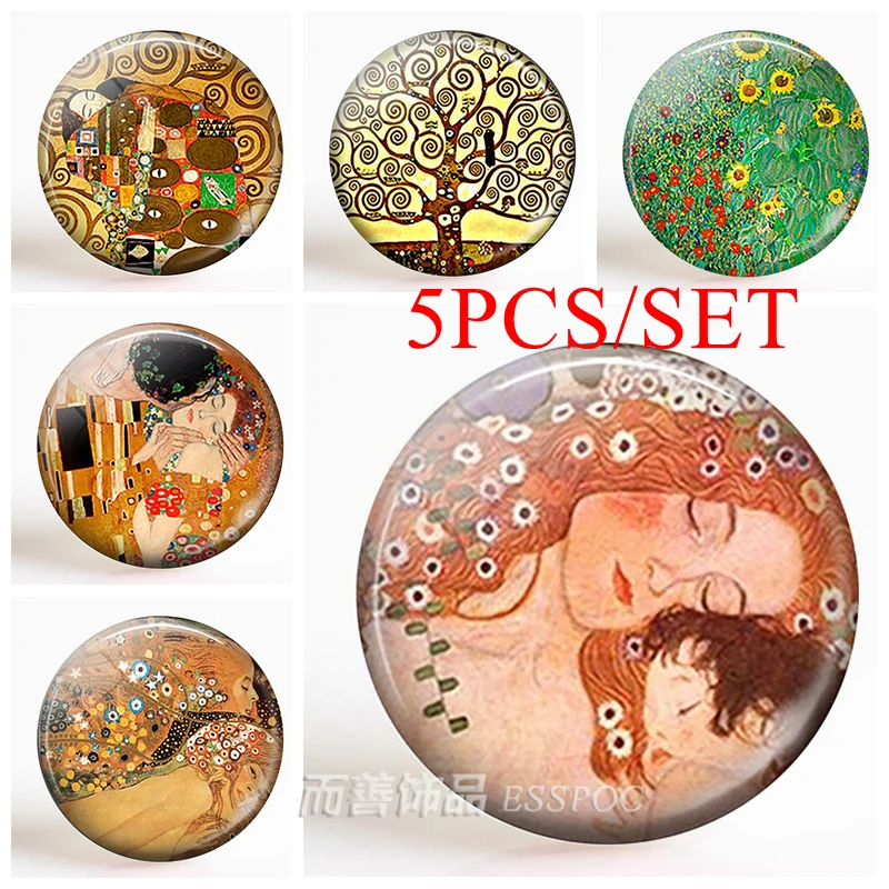 5PCS/SET Klimt's Mother Child Art Handcrafted Glass Dome Making Jewelry Pendant Klimt Art Fashion Accessories Mother Day's Gift