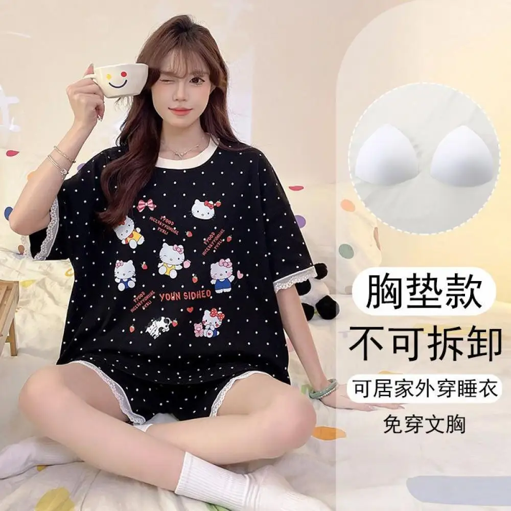 

Cartoon Summer Girls Pajamas Suit Sanrio Kawaii Hello Kitty Short Sleeve Tops Shorts Cute Sweet Student Girls Loose Homewear