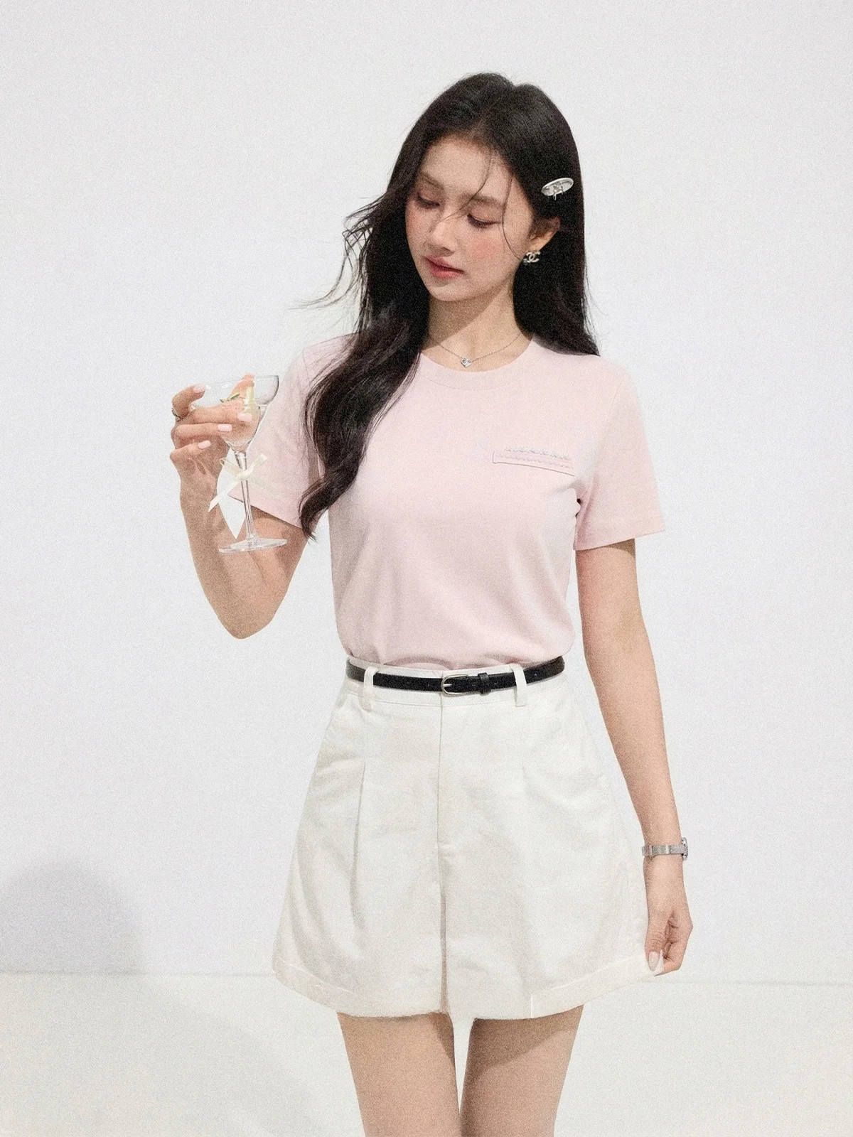 

Spring Summer New Style Loose Fit Pink Short Sleeve T-Shirt Women's Youthful Korean Version Casual High Waist Commute Wear