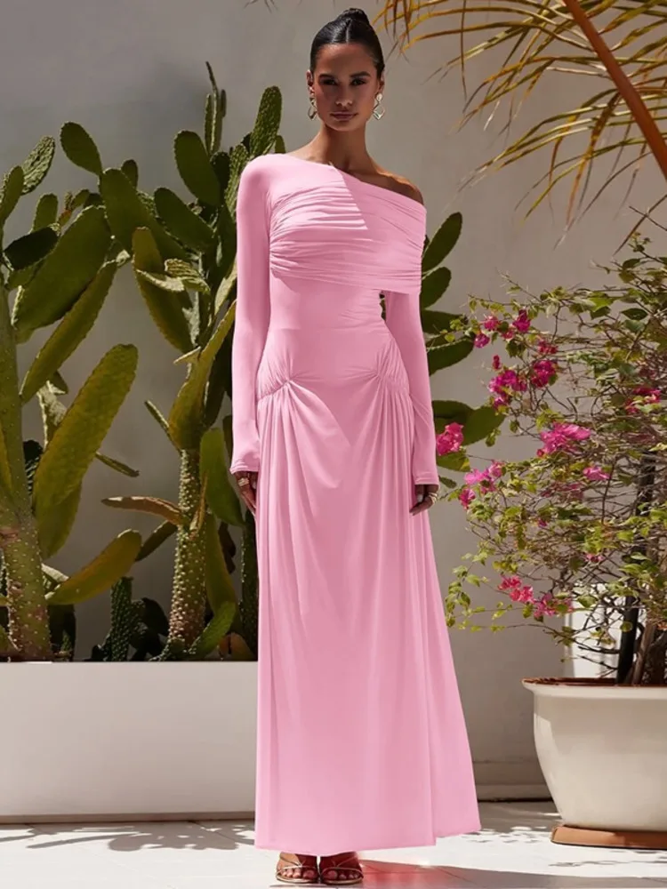 Articat sexy fora do ombro ruched vestido de manga longa feminino elegante bodycon sem costas festa vestido de noite outono novo 2025 vestidos
