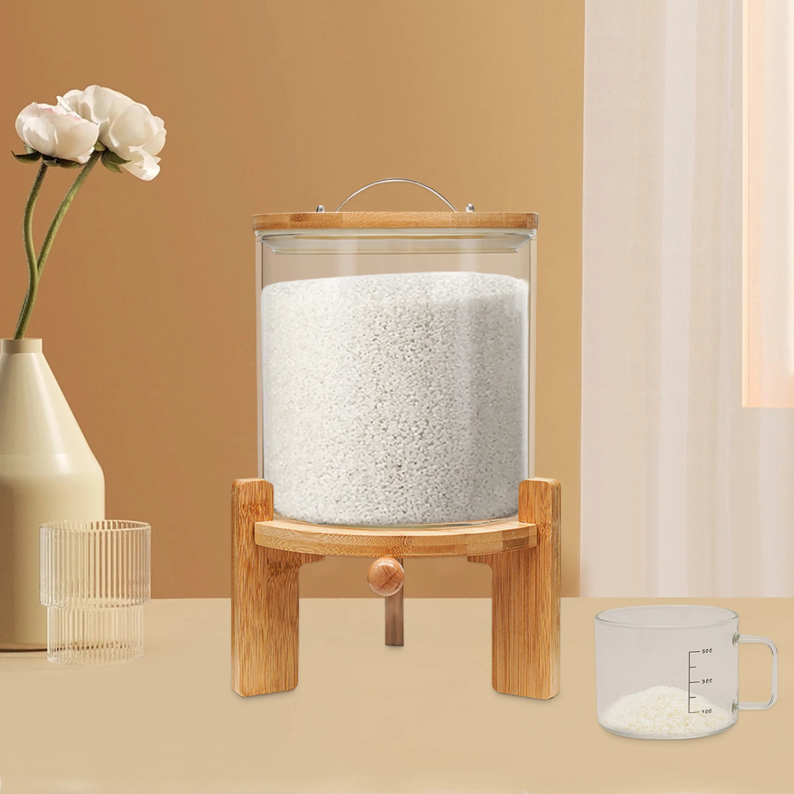 

5L Glass Rice Dispenser, Flour and Cereal Container with Airtight Lid, Wooden Stand and Measuring Cup, Food Storge Container